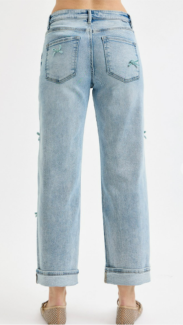 Risen High Rise Crop Barrel Ribbon Detail Jeans