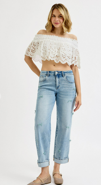 Risen High Rise Crop Barrel Ribbon Detail Jeans