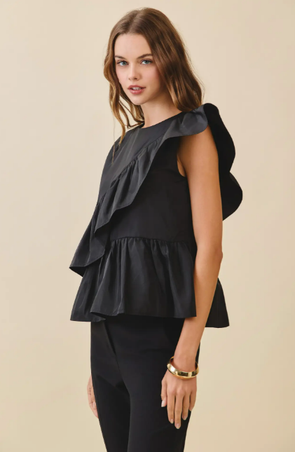 Black Cascading Ruffle Panels Drape Detail Peplum Top