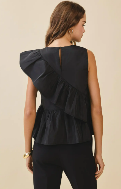 Black Cascading Ruffle Panels Drape Detail Peplum Top