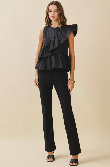 Black Cascading Ruffle Panels Drape Detail Peplum Top