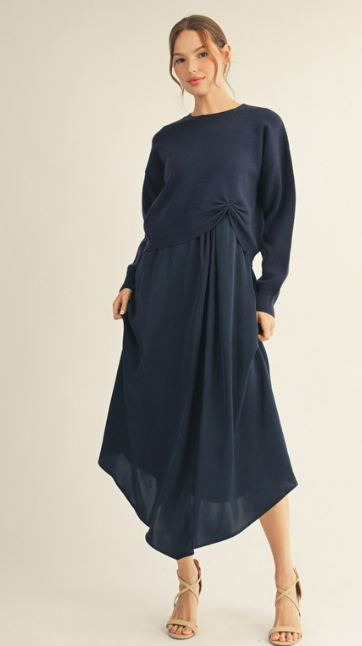 Jodifyl Navy Front Pleat Detail Solid Dress