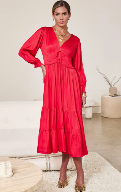 Current Air Red V-Neck Pleated Tiered Midi Dress