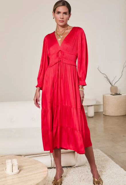 Current Air Red V-Neck Pleated Tiered Midi Dress