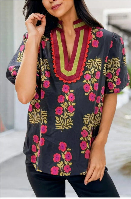 Black Floral V-Neck Top