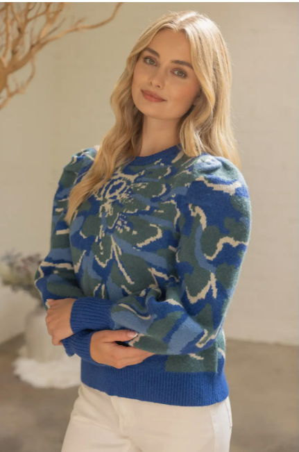 VOY Pleated Long Puff Sleeve Floral Print Sweater Top