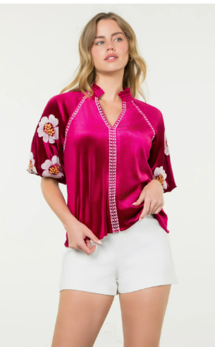 THML Embroidered Detail Velvet Puff Sleeve Top