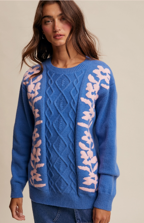 Listicle Floral Blue and Pink Cable Knit Sweater