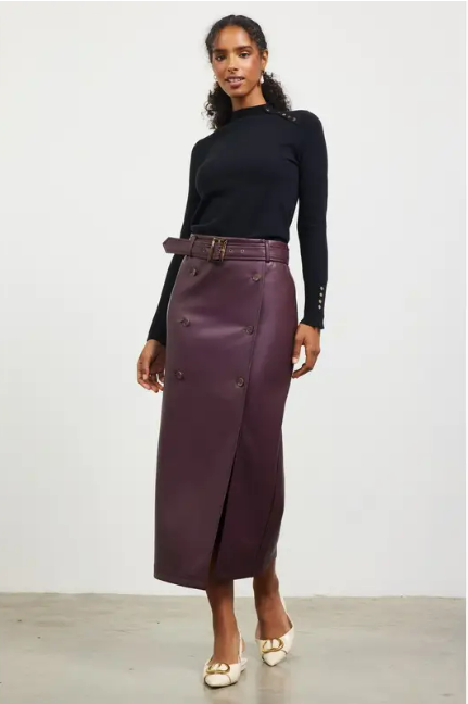Skies Are Blue Plum Faux Leather Midi Skirt with Belt