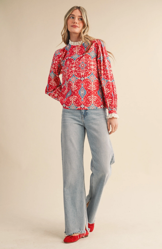 &Merci Red Print Top