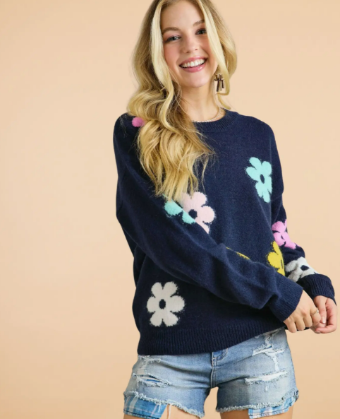 ADORA Navy Flower Sweater Top