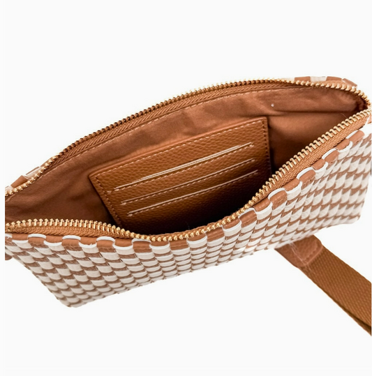 Emma Woven Tan Checkered Clutch Wristlet