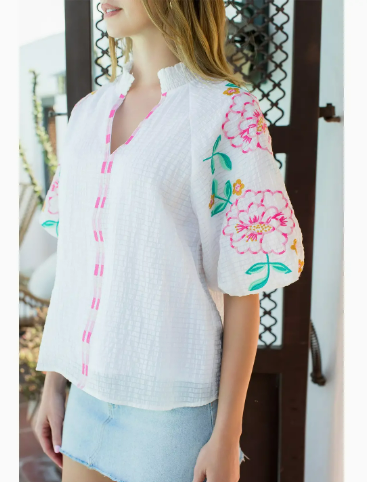 THML Embroidered Puff Sleeve Textured Top