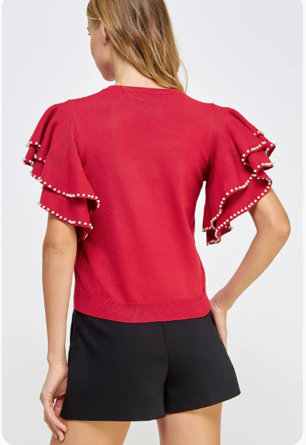 Strut & Bolt Red Double Layer Pearl Trim Knit Sweater Top