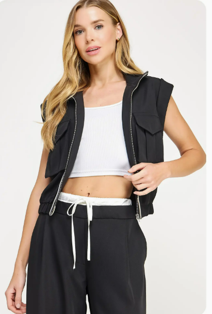 Strut & Bolt Detail Satin Waistband Contrast Wide Leg Pants