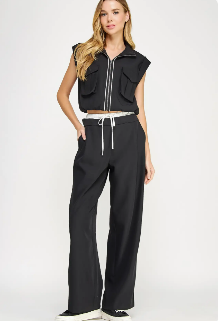 Strut & Bolt Detail Satin Waistband Contrast Wide Leg Pants