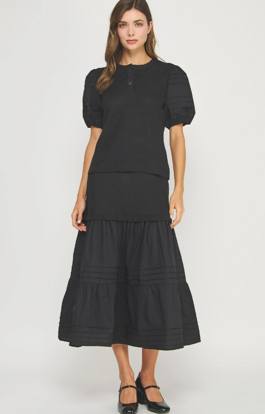 Strut & Bolt Black Pintuck Puff Sleeve Textured Knit Top