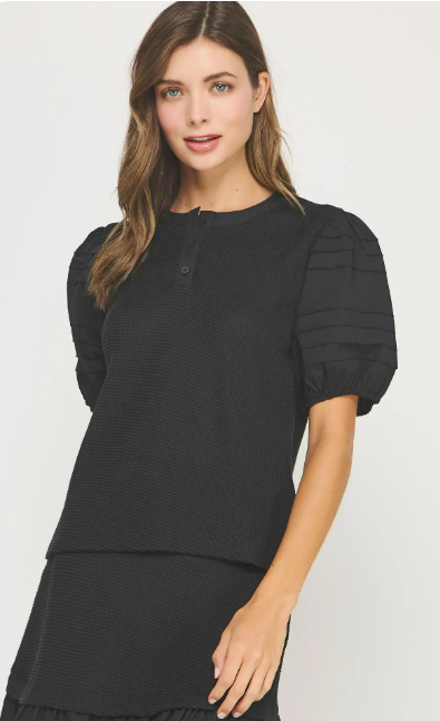 Strut & Bolt Black Pintuck Puff Sleeve Textured Knit Top