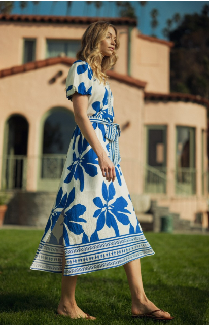Jodifl Side Slit Blue Tropical Floral Midi Dress