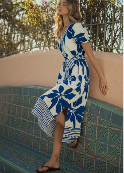 Jodifl Side Slit Blue Tropical Floral Midi Dress