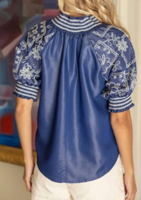 VOY Blue Smocked Top