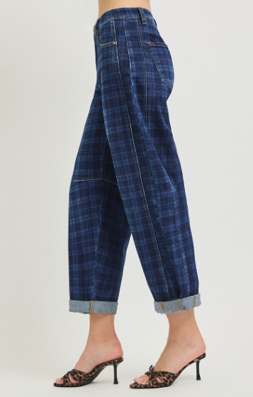 Risen Slouchy Crop Barrel Cuffed Plaid Jeans