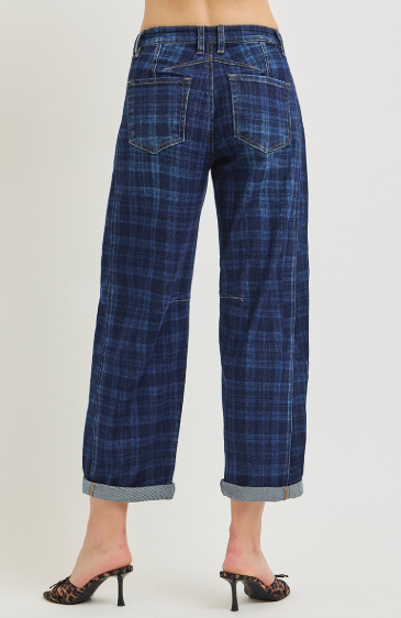 Risen Slouchy Crop Barrel Cuffed Plaid Jeans