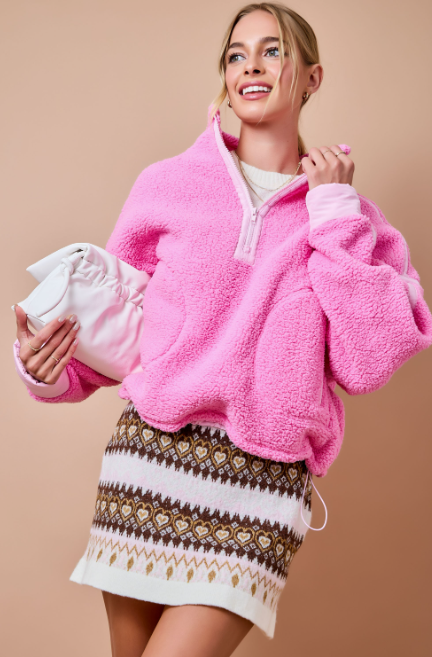 Pink Half-Zip Fleece Pullover Top