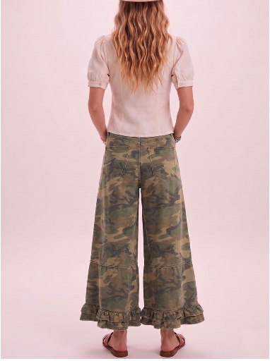 Camo Ruffle Wide Leg Denim Pants