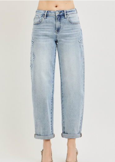 Risen Slouchy Cropped Barrel Jeans With Flower Patch Details