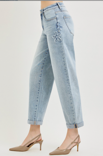 Risen Slouchy Cropped Barrel Jeans With Flower Patch Details