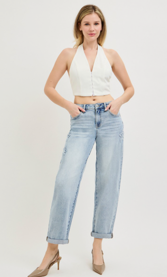 Risen Slouchy Cropped Barrel Jeans With Flower Patch Details