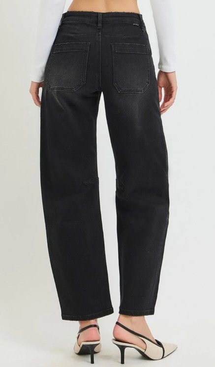 Risen Black Mid Rise Barrel Patch Jeans