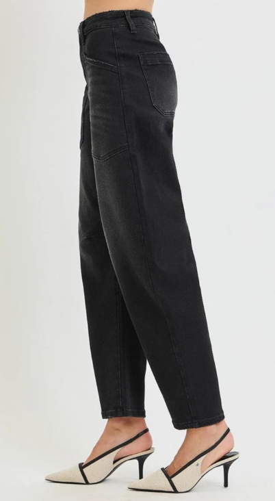 Risen Black Mid Rise Barrel Patch Jeans