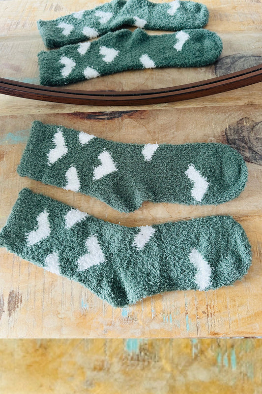 Hunter Green Hearts Soft and Fuzzy Socks