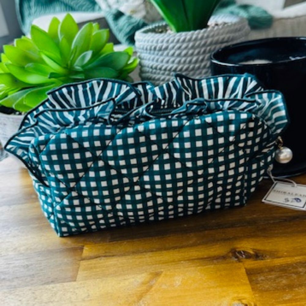 Green and White Checked Makeup Toiletries Bag