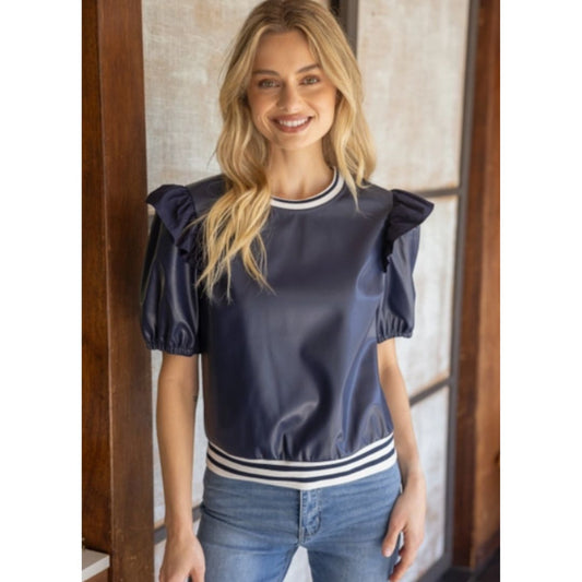 VOY Navy Blue Faux Leather Top