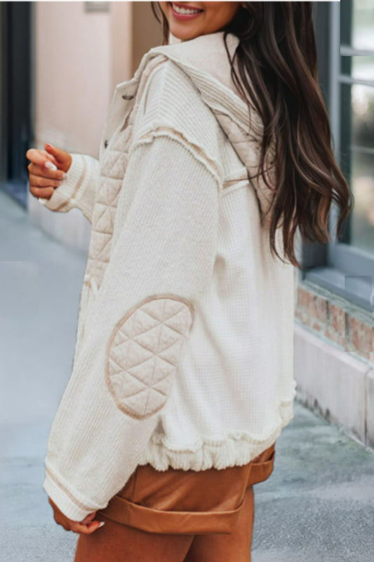 Beige Quilted Textured Patchwork Loose Fit Hooded Jacket