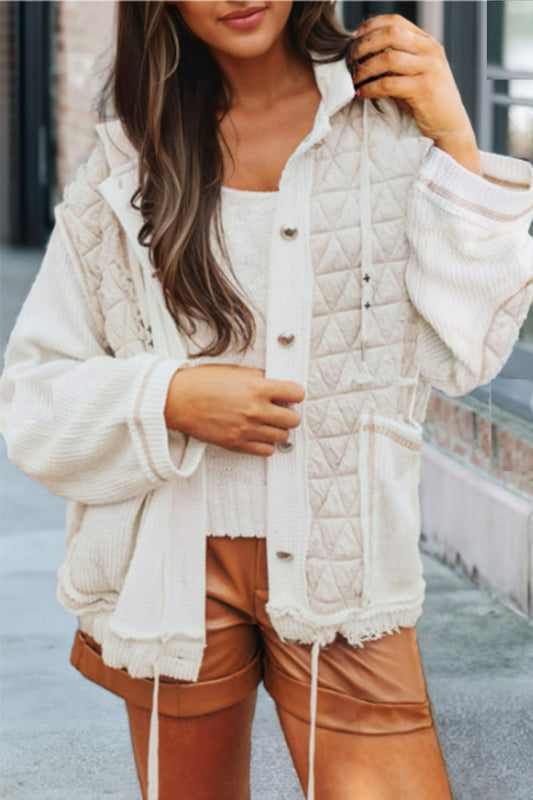 Beige Quilted Textured Patchwork Loose Fit Hooded Jacket