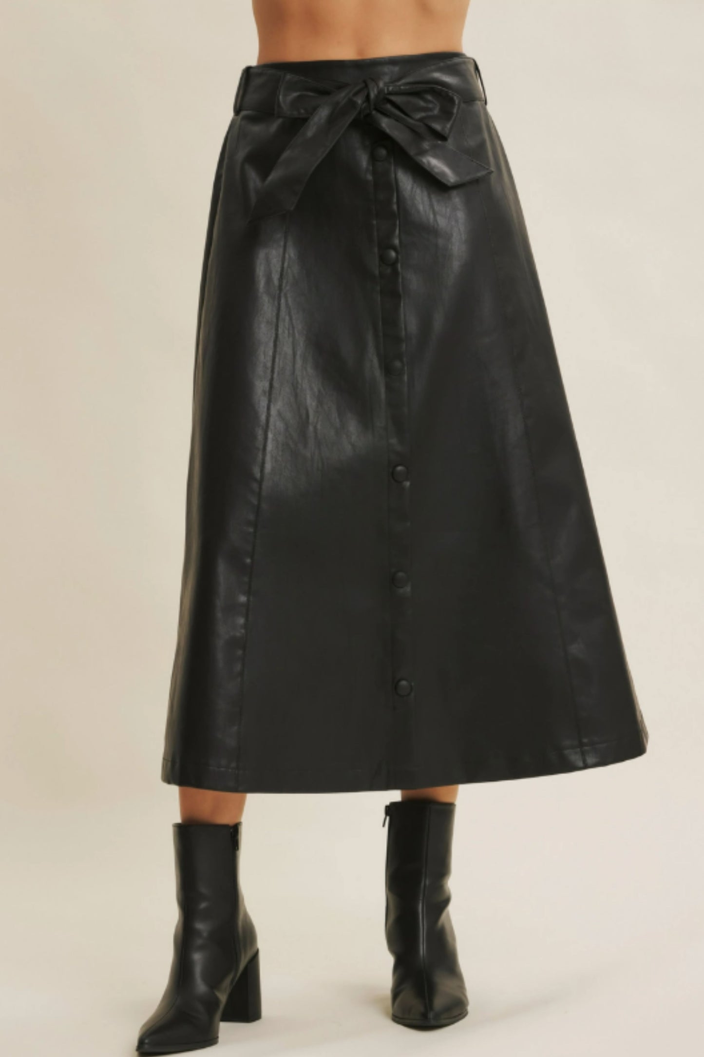 In February Vegan Black Faux Leather Belted Midi Skirt