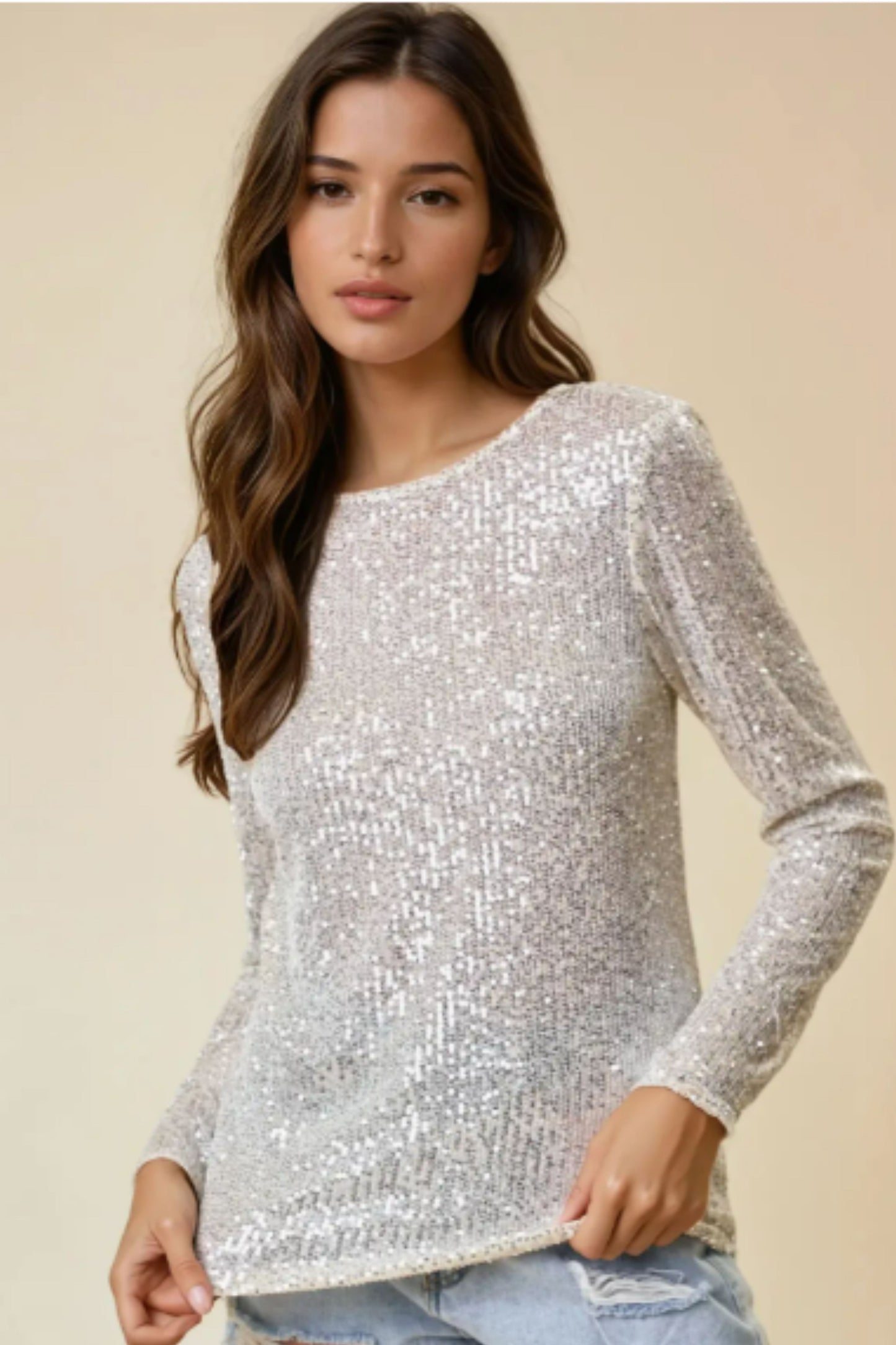 Doe and Rae Champagne Sequin Long Sleeve Top
