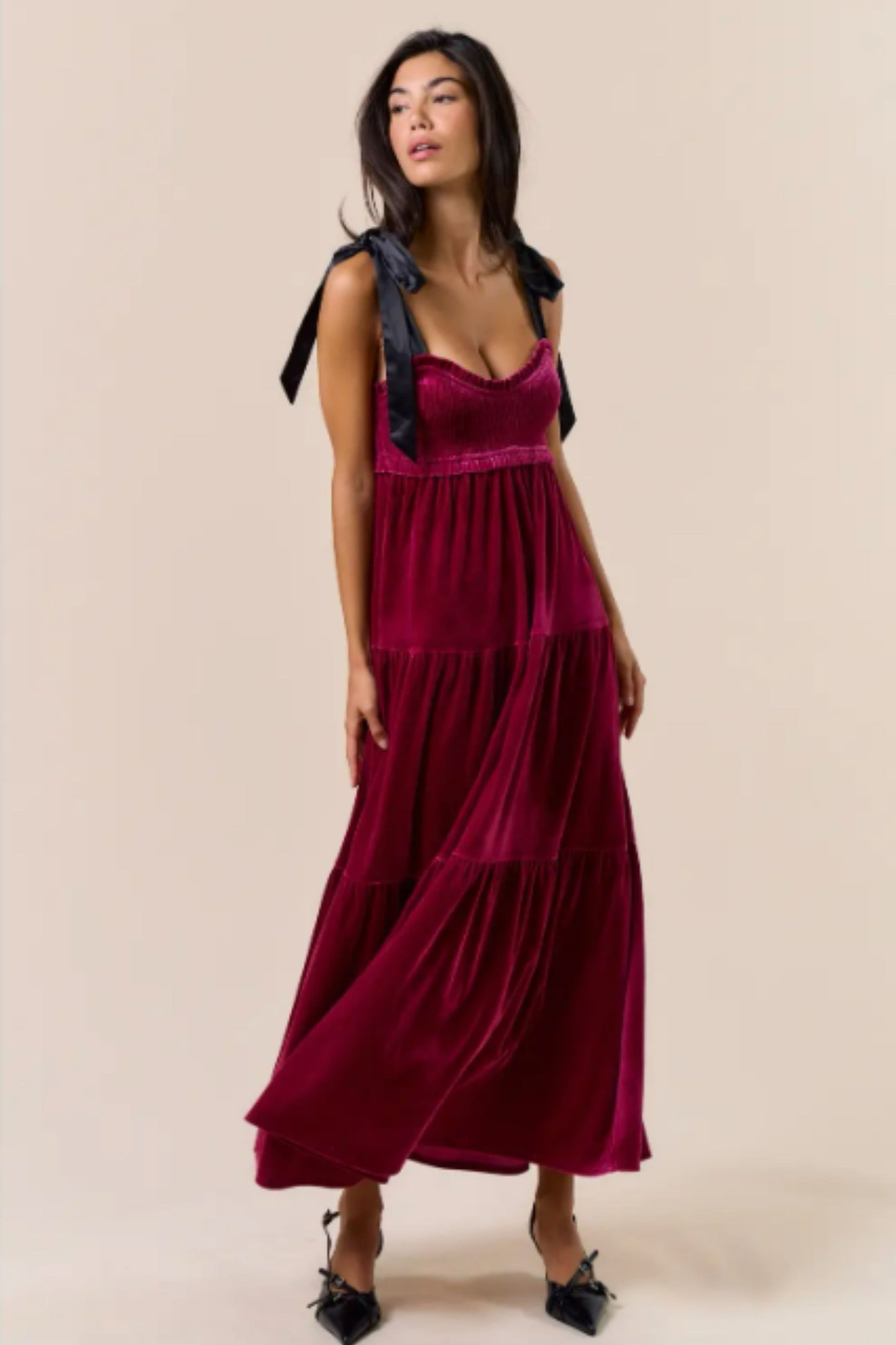 Velvet Wine Satin Bow Shoulder Tie Maxi Dress