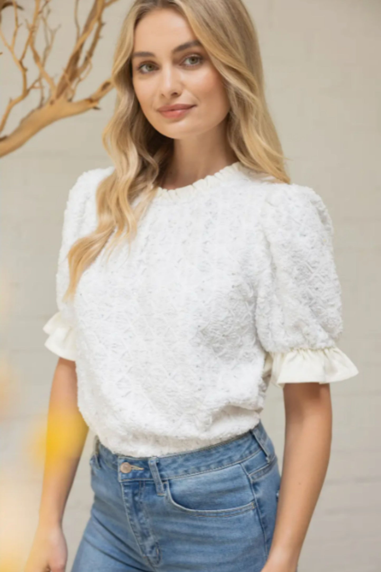 VOY Sequin and Ribbon Embroidery Plush Knit Top