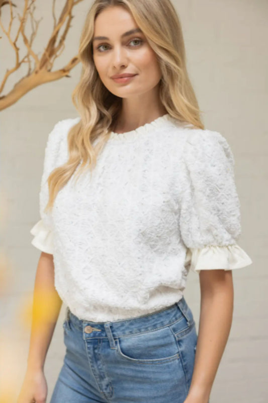 VOY Sequin and Ribbon Embroidery Plush Knit Top