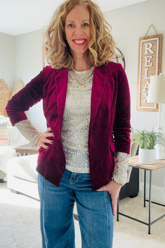 Skies Are Blue Burgundy Velvet Blazer with Ruched Sleeves