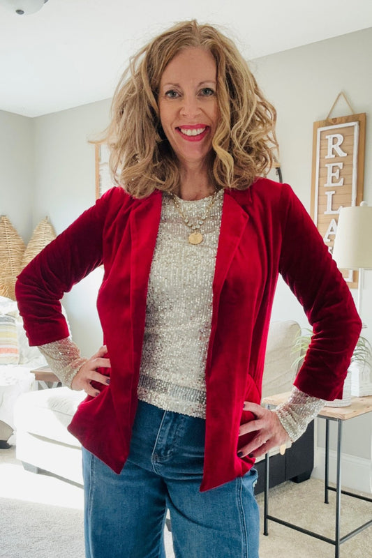 Skies Are Blue Red Velvet Blazer with Ruched Sleeves