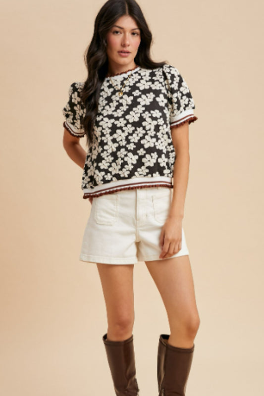 Black and White Flower Knit Top