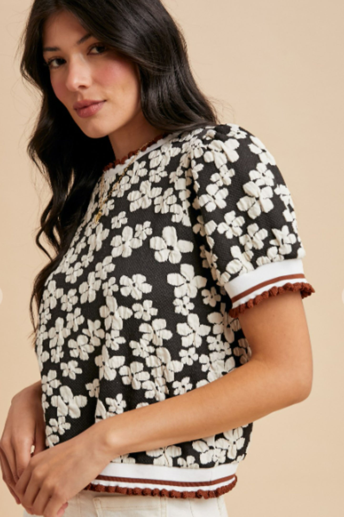 Black and White Flower Knit Top