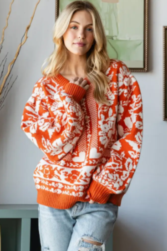 Veveret Garden Flower Knit Contrast Sweater Top