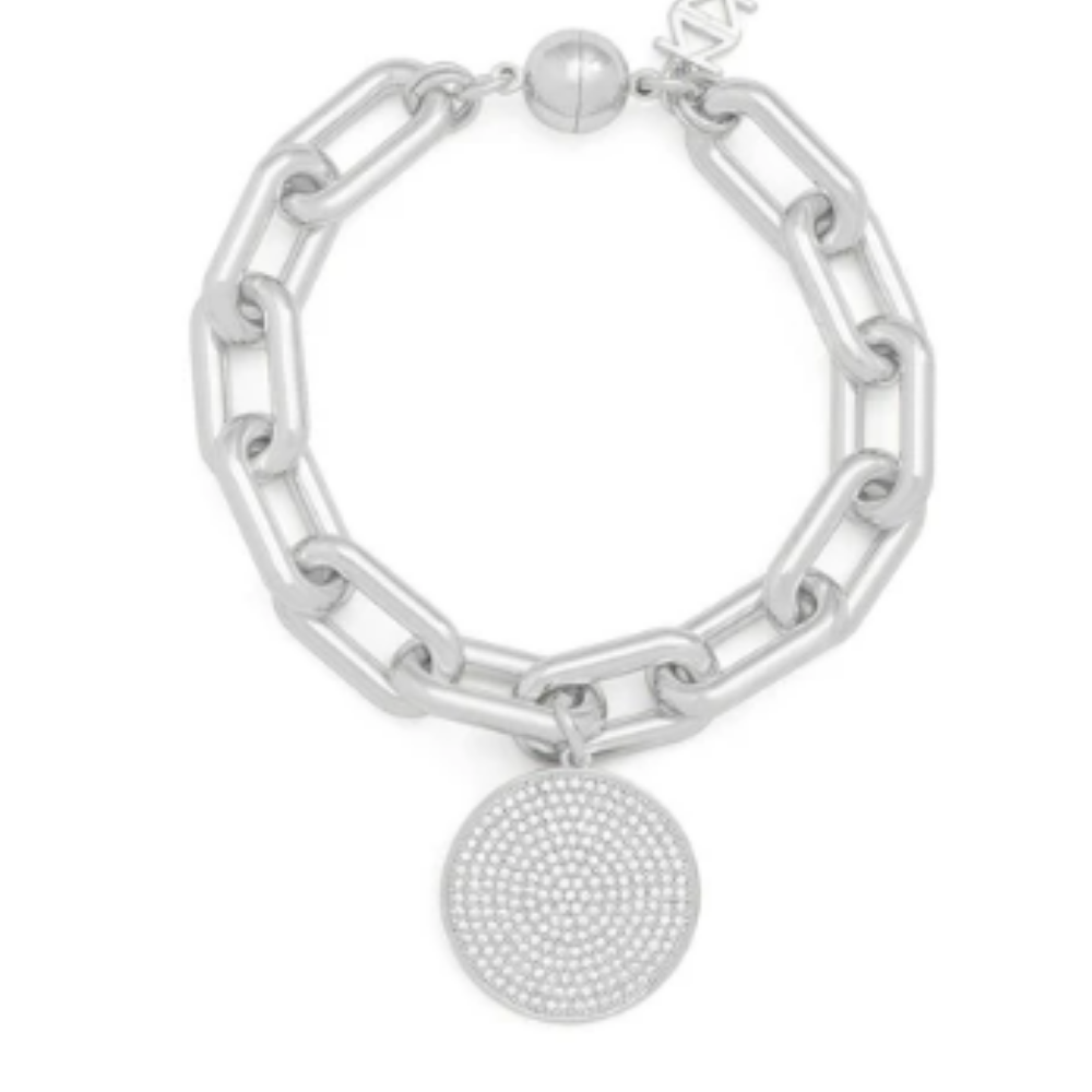Silver Pavé Disc Charm Link Bracelet